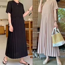 2025夏季新款韩版宽松显瘦短袖雪纺百褶连衣裙女长款过膝大码裙子