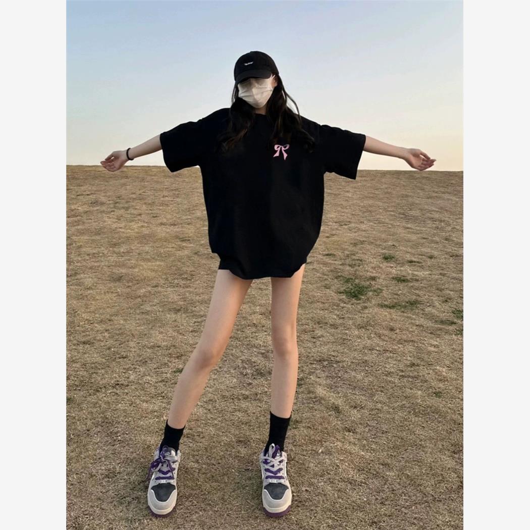 美式复古短袖t恤女2025新款小个子宽松打底纯棉黑色半袖春秋上衣