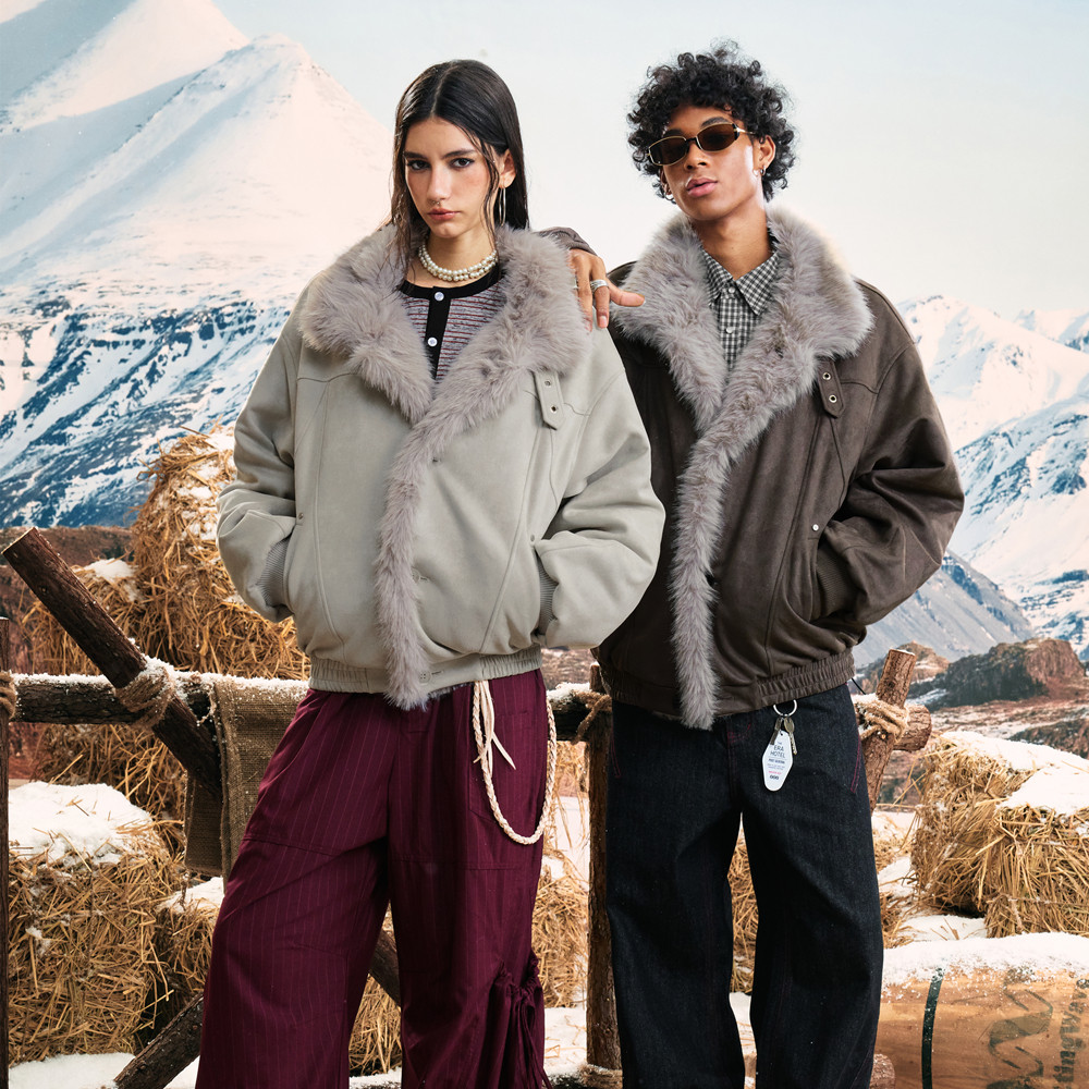 毛领仿麂皮加绒加厚夹克美式