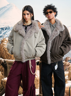 WAITINGWAVE毛领仿麂皮加绒加厚夹克美式复古翻领设计感宽松外套