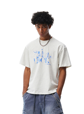 WaitingWave斑驳做旧字母印花短袖T恤男女美式夏季宽松情侣上衣