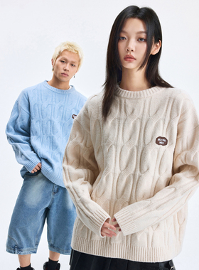 WaitingWave大麻花圆领套头毛衣男女潮牌宽松百搭情侣针织衫上衣