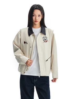 WaitingWave复古刺绣水洗做旧底特律夹克男美式高街撞色翻领外套