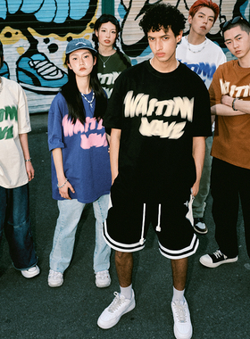 WaitingWave夏季眩晕模糊字母印花美式街头复古短袖宽松重磅T恤男