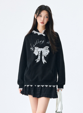 WaitingWave2024秋冬款甜美学院风蝴蝶结拼接蕾丝花边连帽卫衣女