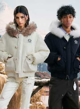 WAITINGWAVE毛领连帽棉服外套男女秋冬季美式复古加厚派克服棉衣