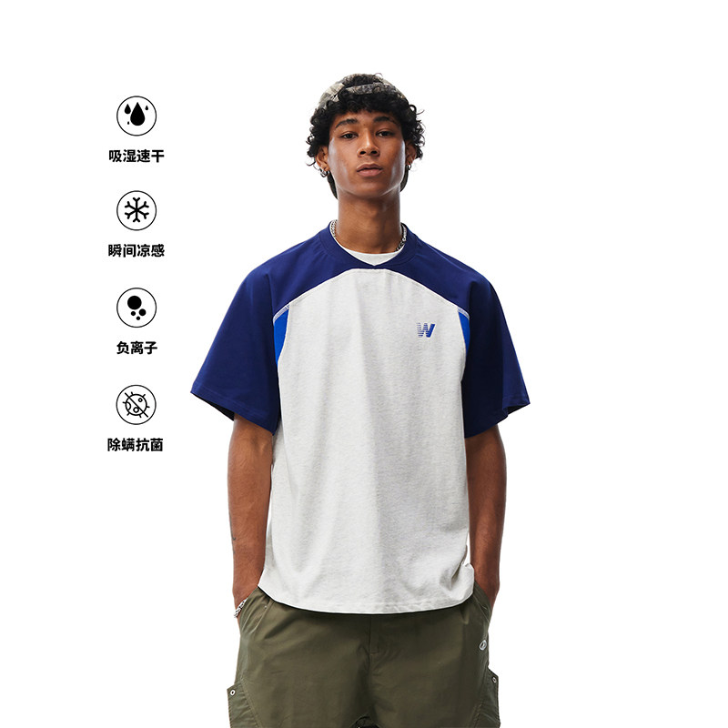 WaitingWave圆领撞色运动拼接T恤短袖男女同款夏季美式骑行情侣服