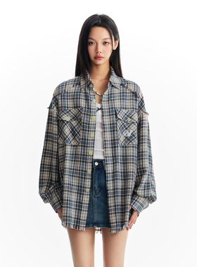 WaitingWave复古美式格纹流苏衬衫外套春夏防晒格子衬衣男女同款