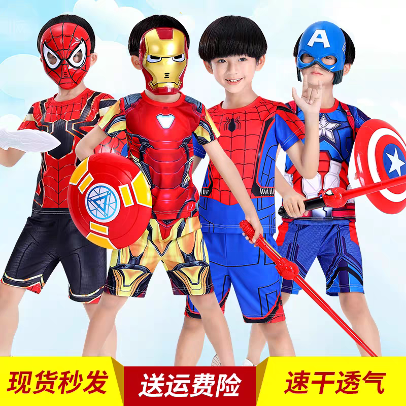 美国队长蜘i蛛侠衣服钢铁侠男童夏装短袖短裤套装六一cos演出服装