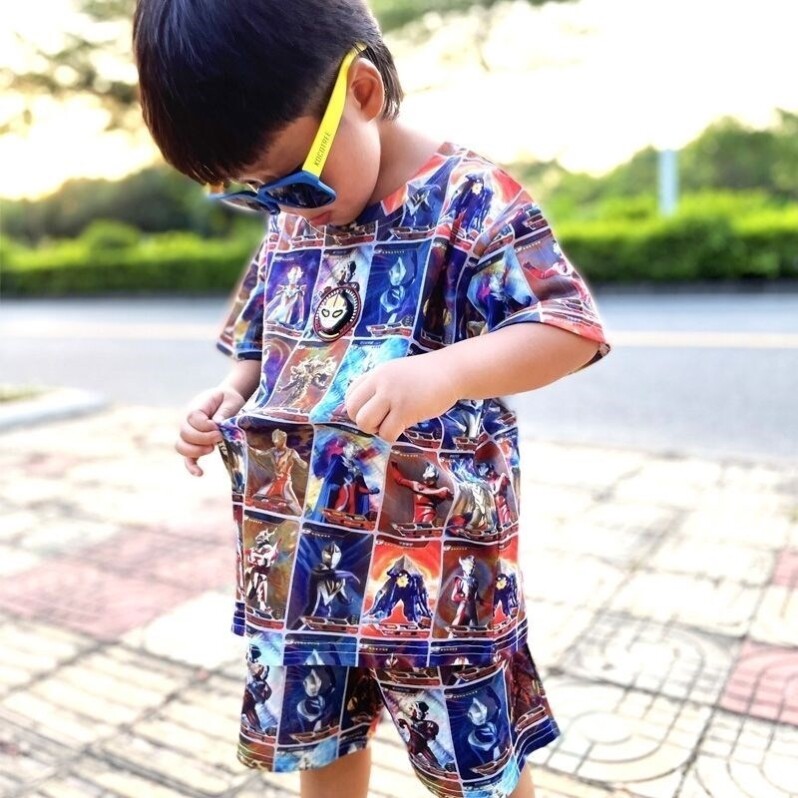 奥特曼卡片男童T恤2024新款夏季纯棉儿童赛罗超人两件套宝宝衣服