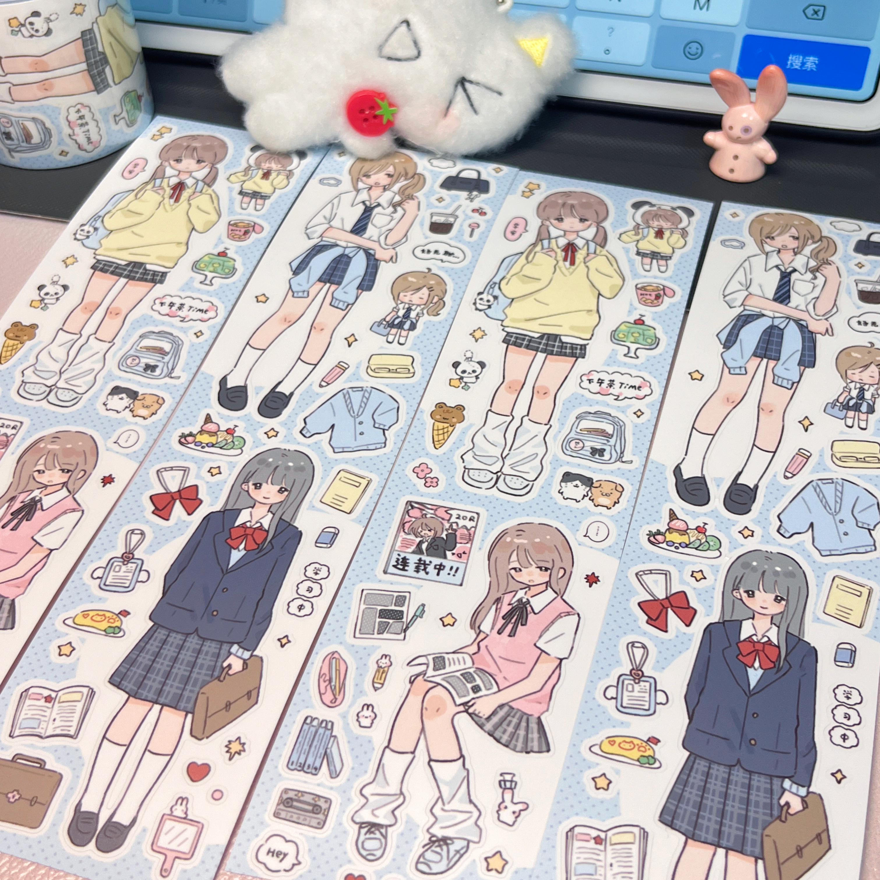 栖月小町原创人物贴纸卷手账贴纸卷切膜贴纸拼贴素材可爱jk女孩