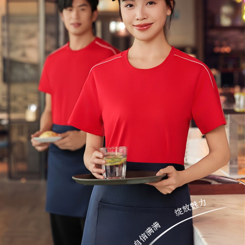 男女圆领餐饮服务员工作服T恤半袖夏吸汗超市印绣烧烤厨房烘焙女