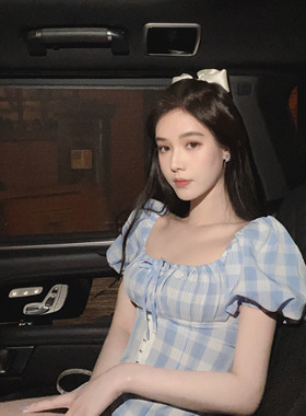 3折 baby蓝少女甜美泡泡袖格子仙女连衣裙女2026新款内搭气质