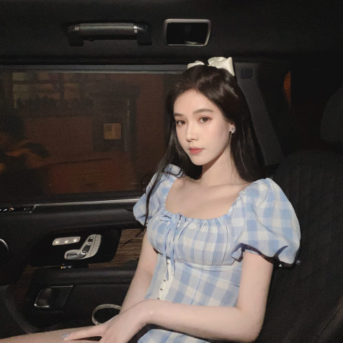 新款气质蓝少女甜美泡泡袖格子裙