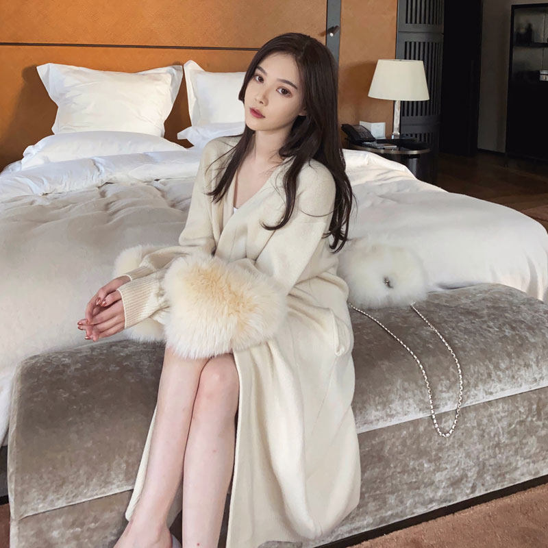 nicky 『限时2折起』慵懒风针织羊绒中长款狐狸毛毛衣开衫外套女