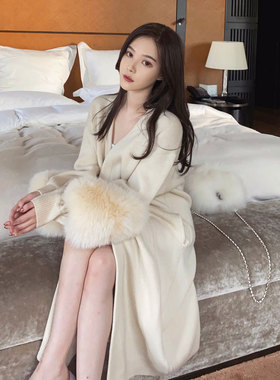 nicky 『限时2折起』慵懒风针织羊绒中长款狐狸毛毛衣开衫外套女