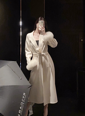 『限时2折起』白色澳毛双面绒大衣外套女高端真狐狸毛皮草袖口