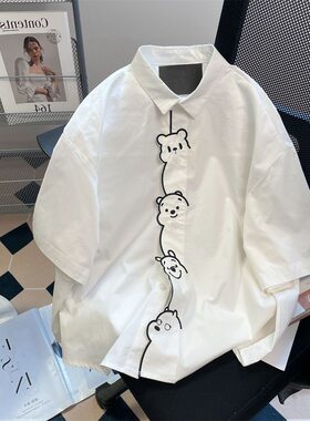 大码港风可爱小熊短袖衬衫上衣