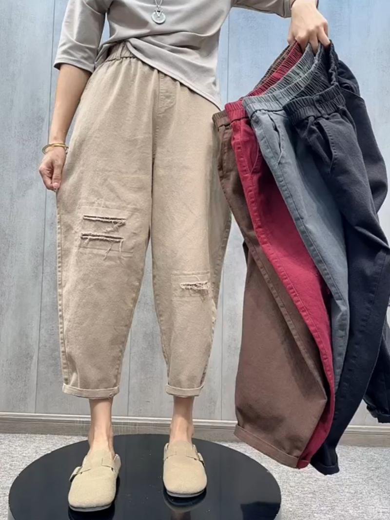 大码300斤宽松显瘦松紧腰休闲裤女夏假破洞老爹裤九分裤哈伦裤2潮
