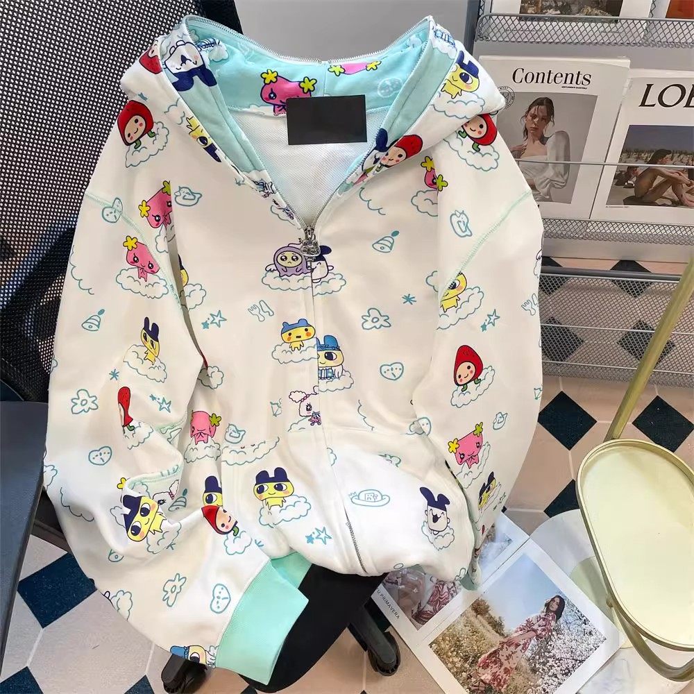 大码卡通连帽卫衣加绒拉链外套