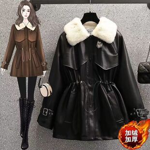 大码女士装2024新款胖妹妹时尚气质收腰皮毛一体机车加绒皮衣外套