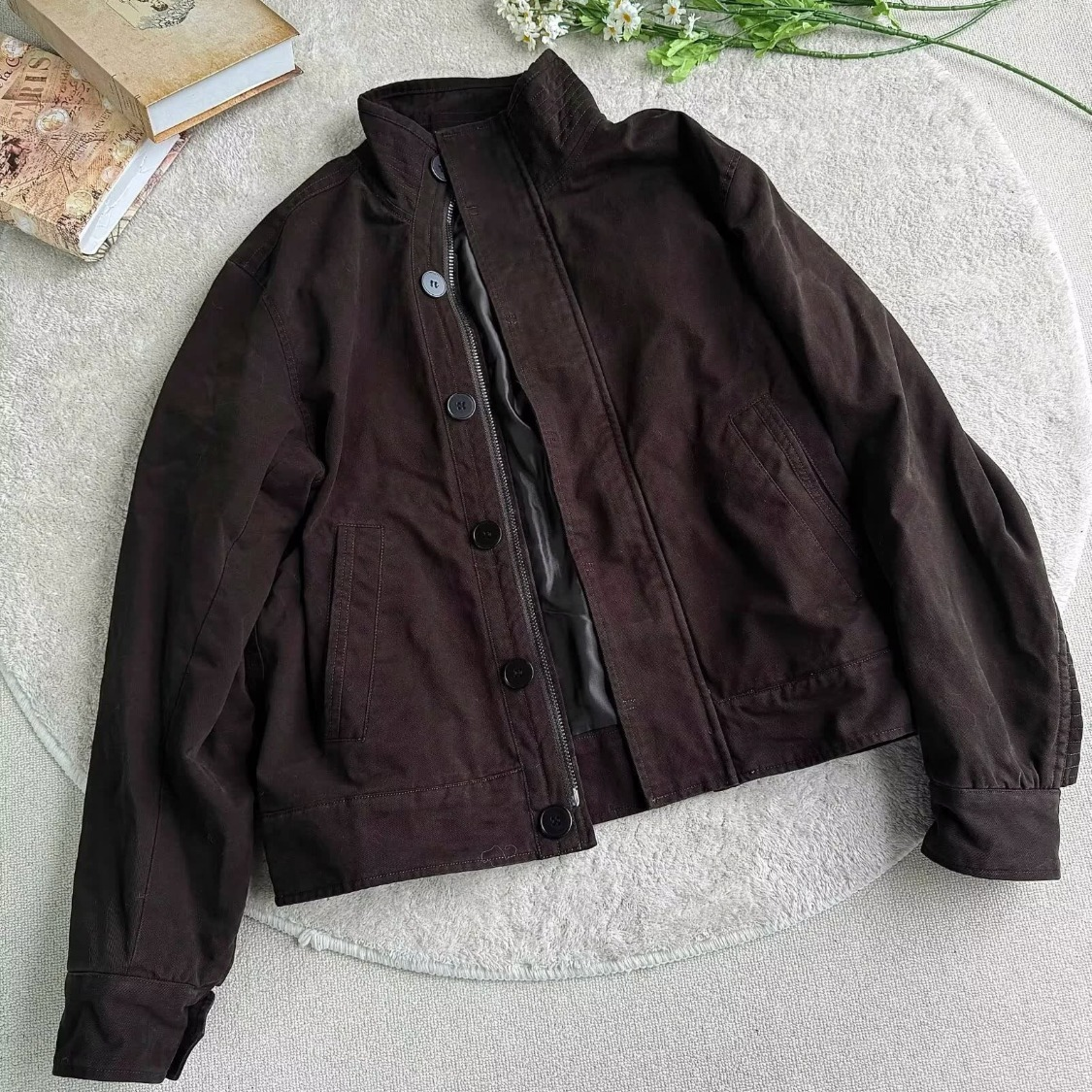 EME军款AF仿兔毛重水洗座山雕剪裁解构立领夹克冬季加厚外套