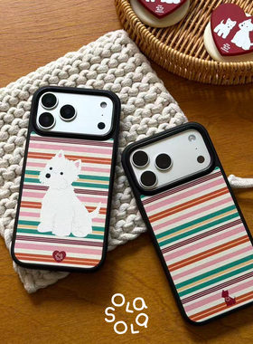OLASOLA原创卡通西高地皮质磁吸手机壳适用苹果iPhone17promax复古彩色条纹16pro小众设计全包可爱手机保护套