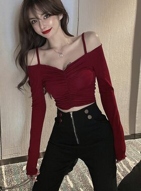 漏锁骨网红吊带一字肩露肩短款上衣女ins港风紧身露脐t恤打底衫