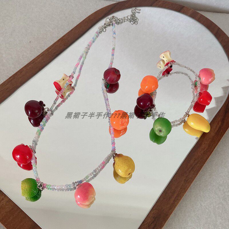 包邮~仿真水果可爱弹力串珠手链水果项链度假风可爱鬼马极繁彩色