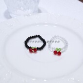 福利款 哦 超甜樱桃串珠弹力戒指适合肉肉手可爱小清新透明戒环黑