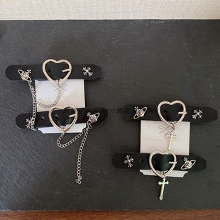 左右2个对装~原创手作款~超酷暗黑洛丽塔小众个性发夹pu爱心扣链