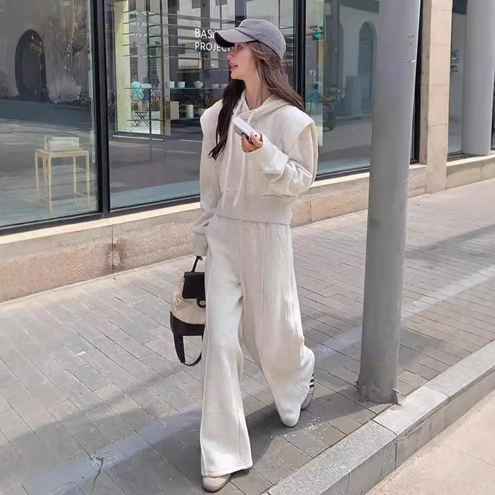 慵懒风早春上衣春季女装休闲卫衣套装小个子连帽外套阔腿裤两件套