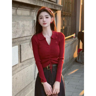 翻领内搭打底衫 红色长袖 韩系修身 polo领针织衫 上衣 女2025初春新款