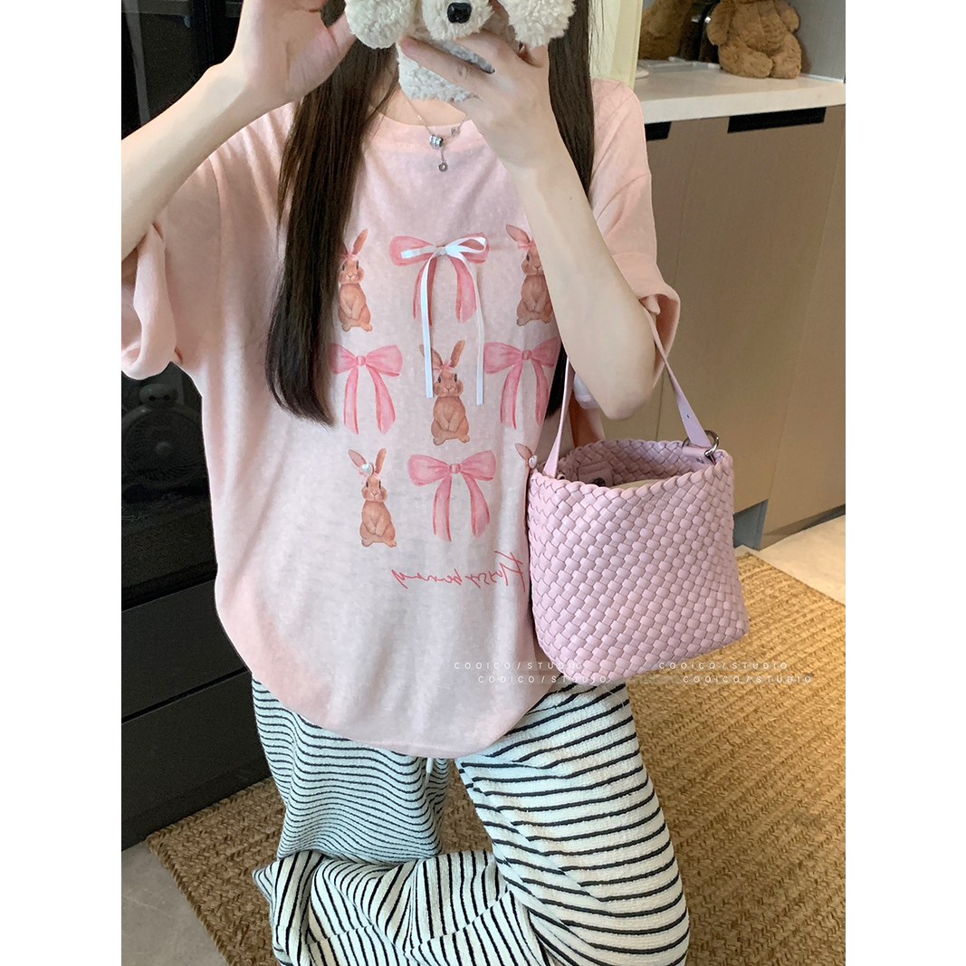 粉色蝴蝶结短袖T恤女2025新款夏季设计感小众宽松韩版慵懒风上衣