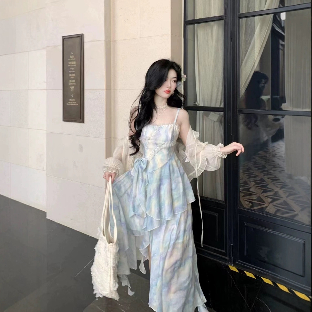 法式蓝色抹胸连衣裙女夏设计感小众超仙的公主长裙海边度假仙女