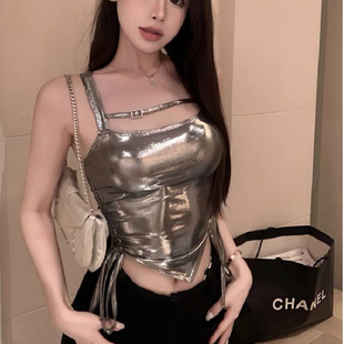 氛圍感辣妹性感小吊帶女抽褶性感美背短款 新款 背心露臍上衣女夏季