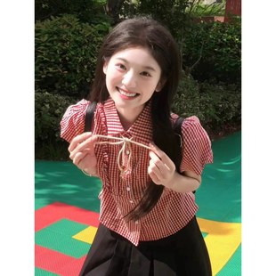学院风甜美衬衣温柔修身 韩系红色格子短袖 2025新款 衬衫 上衣 女夏季