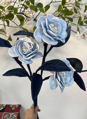 手工牛仔山茶花桌面装饰摆件