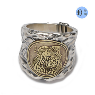 柒玥 不规则手雕创意DIY铜币戒指 925银指环拼接雕刻手工复古制作