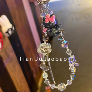 【甜橘日记】水晶黑天使kitty猫手机挂绳奢华ccd相机耳机装饰挂件