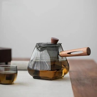 茶滤一体公道杯日式泡茶壶玻璃茶壶电陶炉专用煮茶器耐高温木柄侧