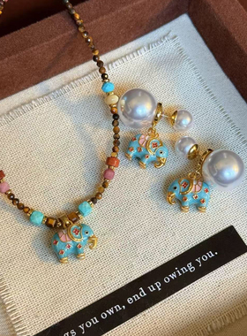 虎眼石小象松石锁骨项链耳环银针