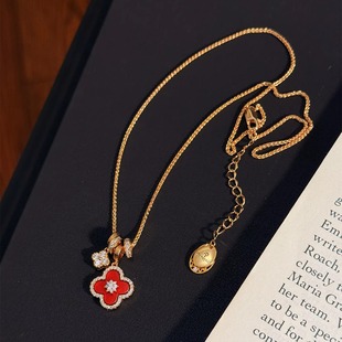 法式 复古轻奢四叶草吊坠项链红玉髓女金色显白锁骨链高级感毛衣链