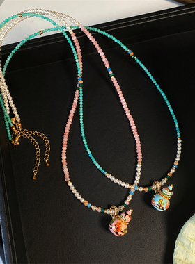 珐琅彩天然石葫芦新中式毛衣链