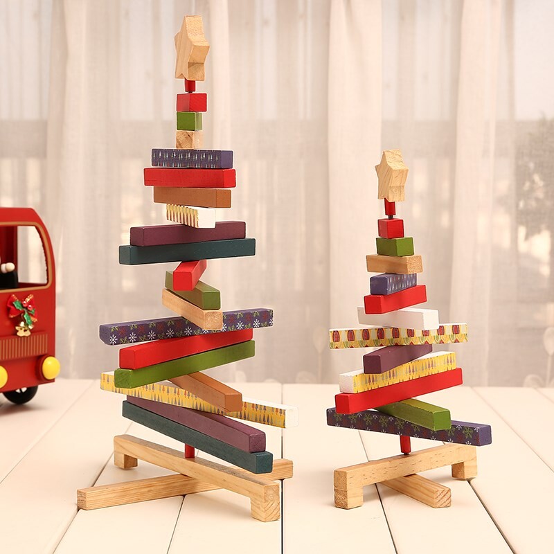 圣诞节装饰品diy旋转圣诞树桌面装饰摆件诞树创意木制圣诞积木
