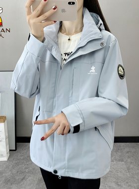 稻草人蓝色冲锋衣女三合一可拆卸防风防水户外登山服夹克风衣外套