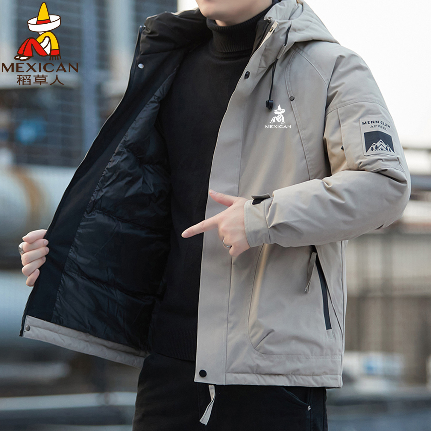 稻草人冲锋棉服外套男士秋冬季宽松加厚棉衣保暖连帽夹克上衣男装