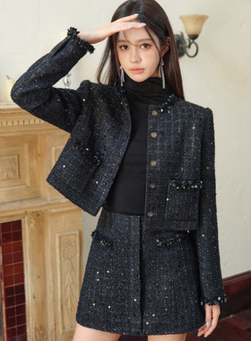 Three Quarters24秋季 黑色珠片重工手缝织带小香风外套半身裙