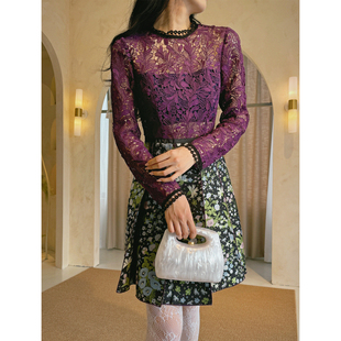 4折 whole9yards 新加坡品牌 重工蕾丝刺绣中式风紫绿碎花连衣裙