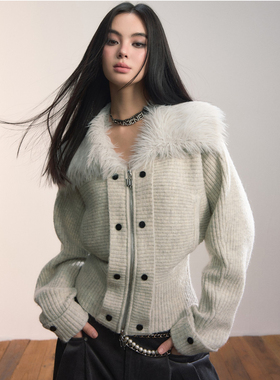 VIAPITTI重磅设计感毛领收腰大袖子毛织外套